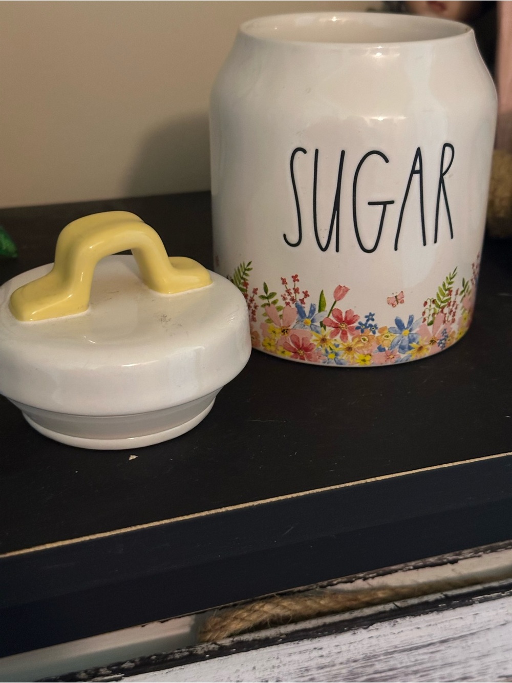 Rae Dunn White Ceramic 'SUGAR' Canister with Yellow Handle & Floral Trim